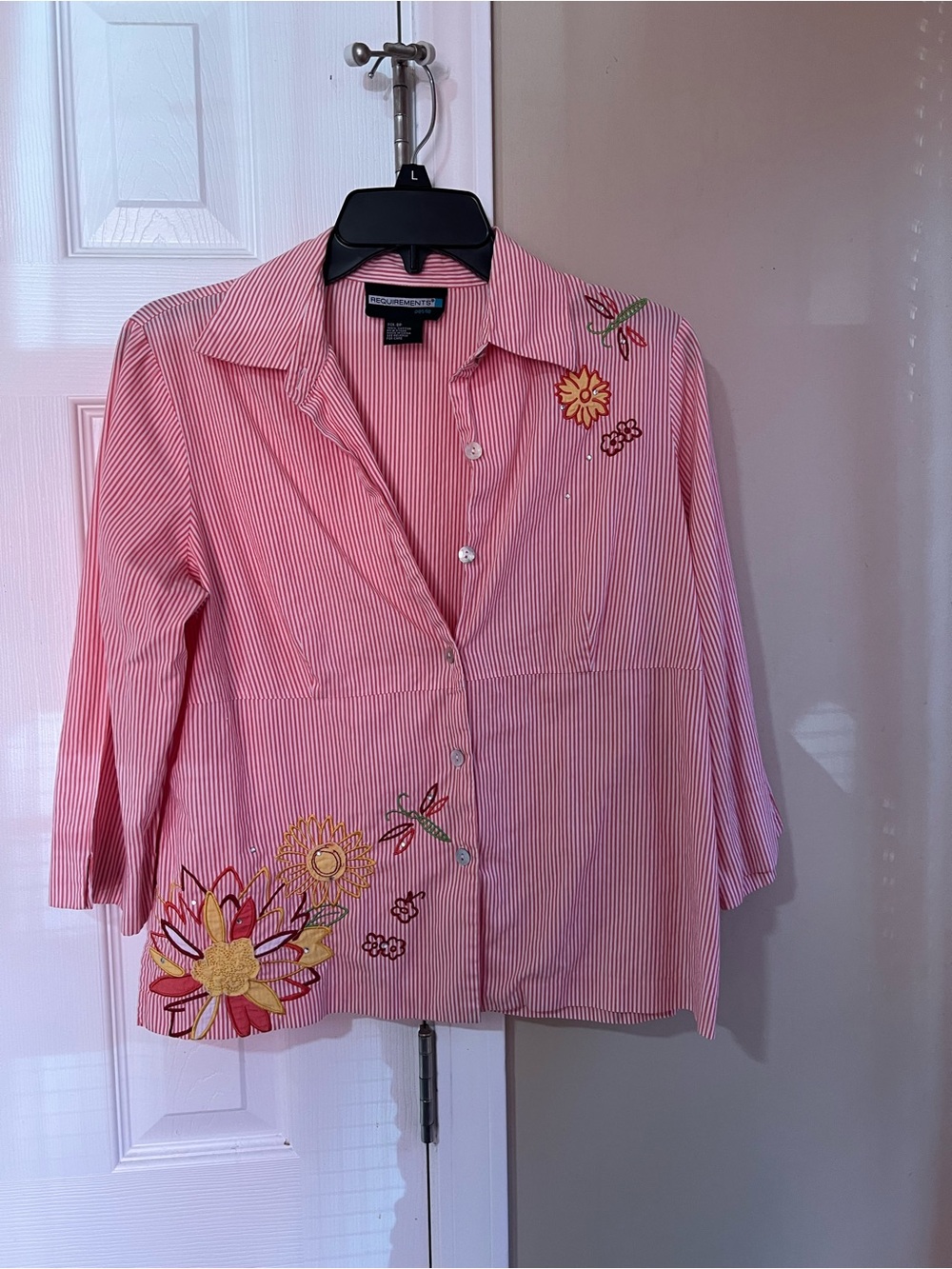Requirements Pink Striped Button-Front Shirt with Floral Embroidery